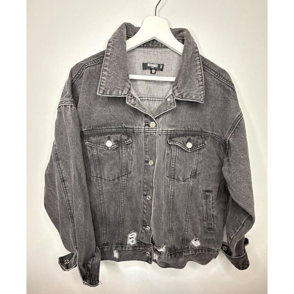 MIssguided Jean Jacket Womens Denim Trucker Plus S 12 Black Denim Ripped UK 16 - Picture 1 of 11
